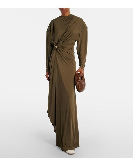 Bottega Veneta Green Gathered Crepe Jersey Maxi Dress