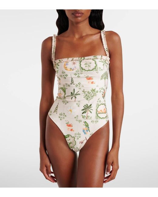 Agua Bendita Metallic Limon Printed Ruffled Swimsuit