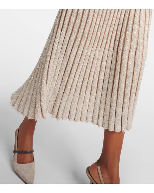 Brunello Cucinelli Natural Embellished Pleated Knit Midi Skirt