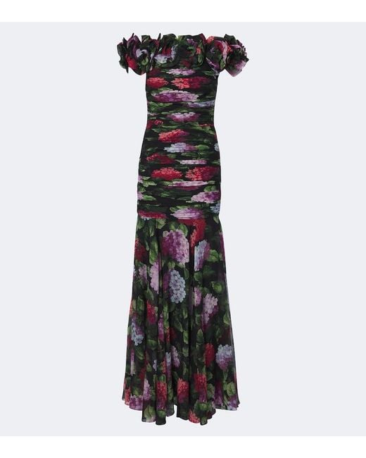 Carolina Herrera Black Floral-Applique Floral Draped Silk Gown