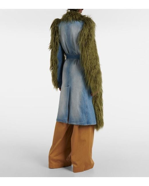 Dries Van Noten Green Rangel Faux Fur-Trimmed Denim Coat