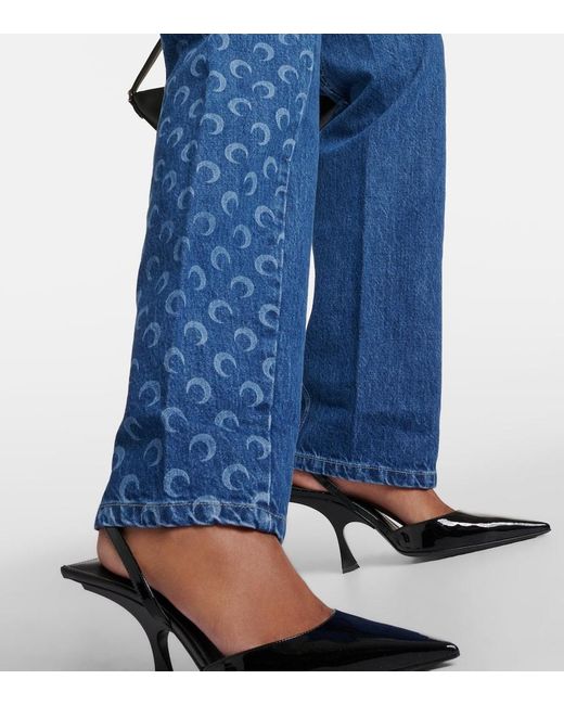 MARINE SERRE Blue High-Rise Straight Jeans All Over Moon