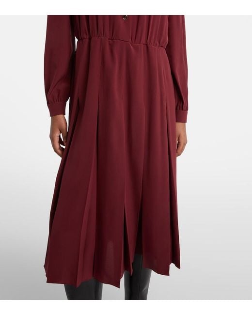 Gucci Red Pleated Silk Crepe De Chine Midi Dress