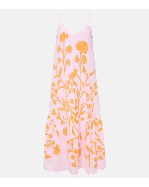 Juliet Dunn Pink Floral Tiered Cotton Midi Dress