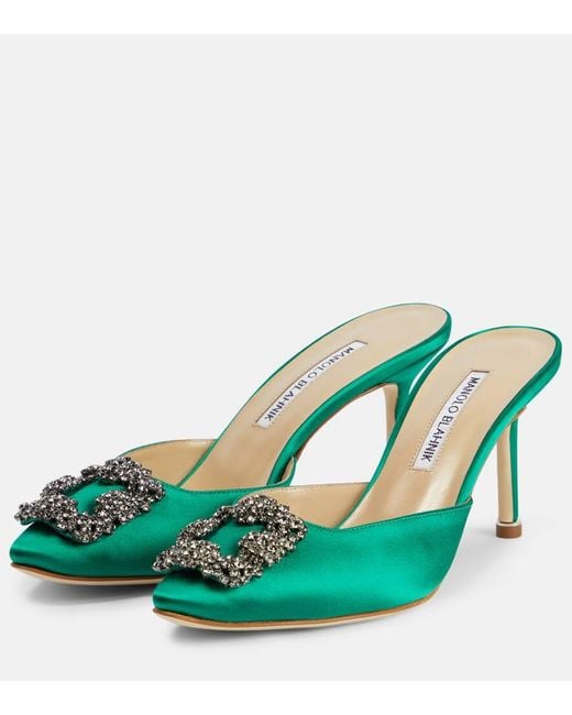 Manolo Blahnik Green Mules Hangisimu 70 Aus Satin Mit Kristallen