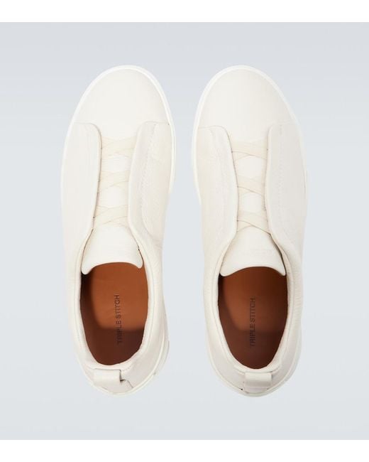 Zegna White Triple Stitch Leather Sneakers for men