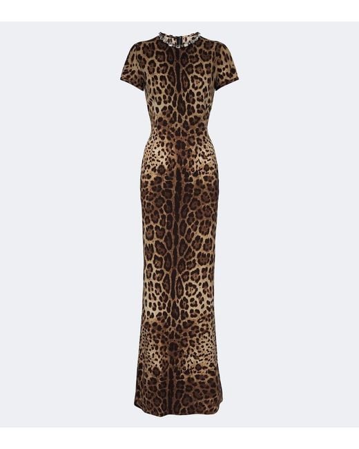 Dolce & Gabbana Brown Embellished Leopard-Print Silk-Blend Gown