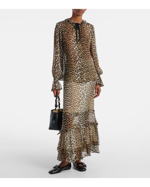 Ganni Brown Leopard-Print Tie-Neck Chiffon Blouse