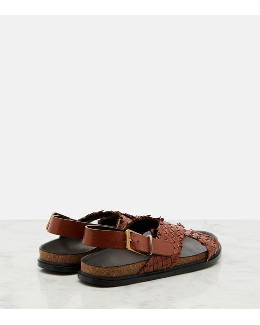 The Row Brown Buckle Woven Leather Sandals