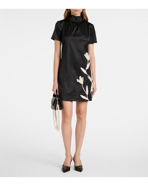 Staud Black Ilana Floral-Applique Satin Minidress
