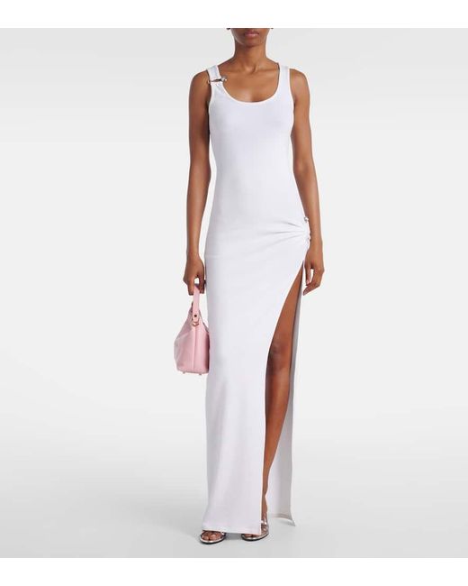 Versace White Safety Pin Draped Cotton-Blend Maxi Dress