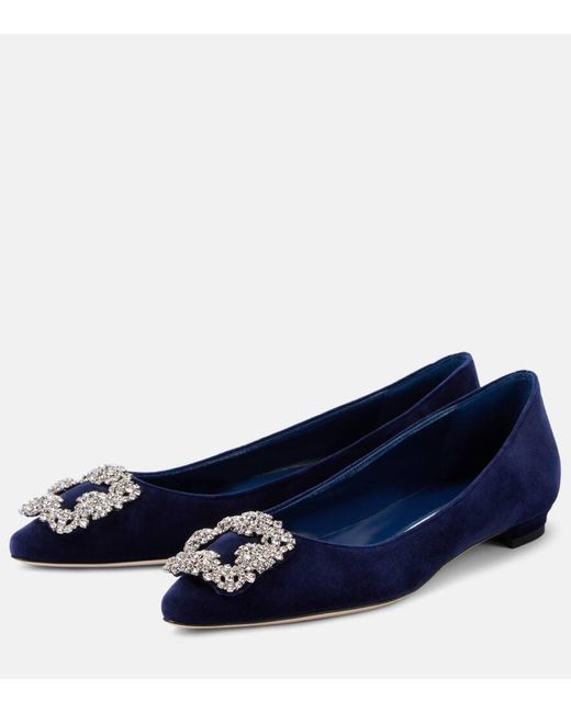 Manolo Blahnik Blue Ballerinas Hangisi Aus Samt Mit Kristallen