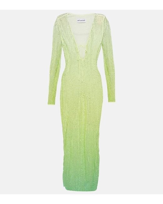 Self-Portrait Green Crystal-embellished Dégradé Stretch-mesh Midi Dress