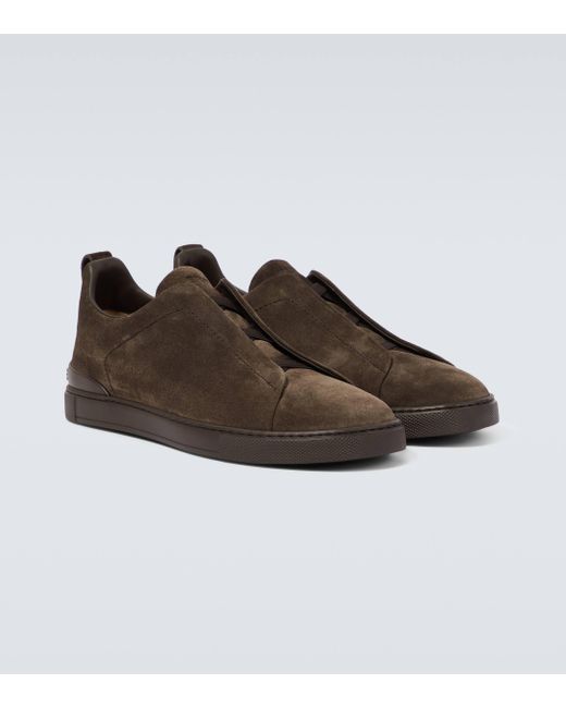 Zegna Brown Triple Stitch Suede Sneakers for men