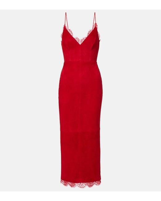 Alex Perry Red Lace-Trimmed Suede Midi Dress