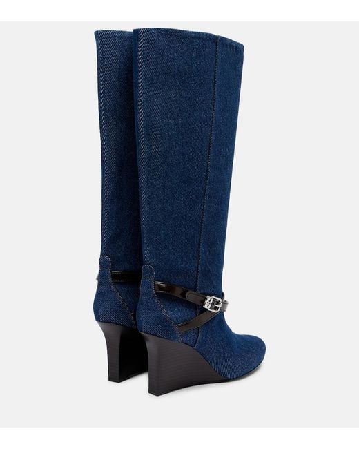 Ganni Blue Kat Denim Knee-High Wedge Boots