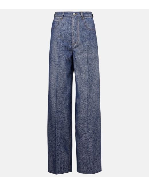 Bottega Veneta Blue Trompe L'Oil Wool And Cotton Wide-Leg Pants