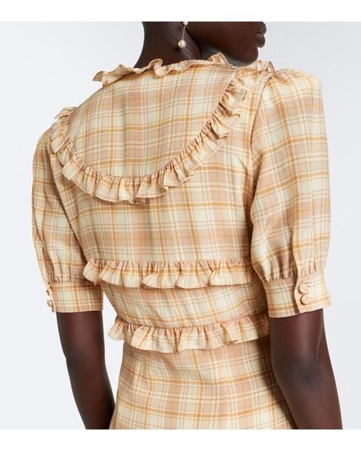 Alessandra Rich Natural Ruffled Plaid Silk Midi Dress