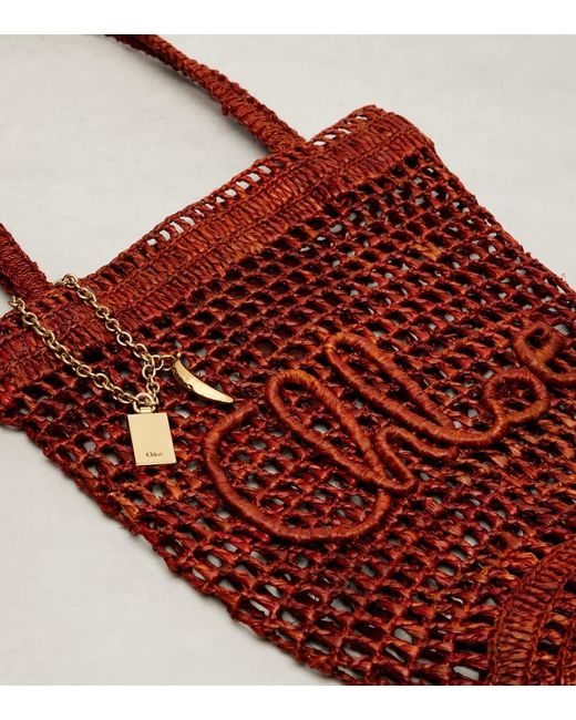Chloé Red Summer Banana Small Raffia Tote Bag