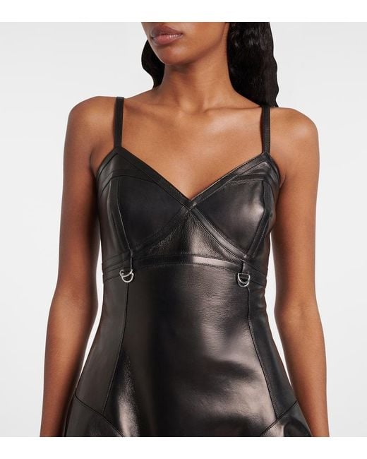 Alexander McQueen Black Asymmetric Leather Midi Dress