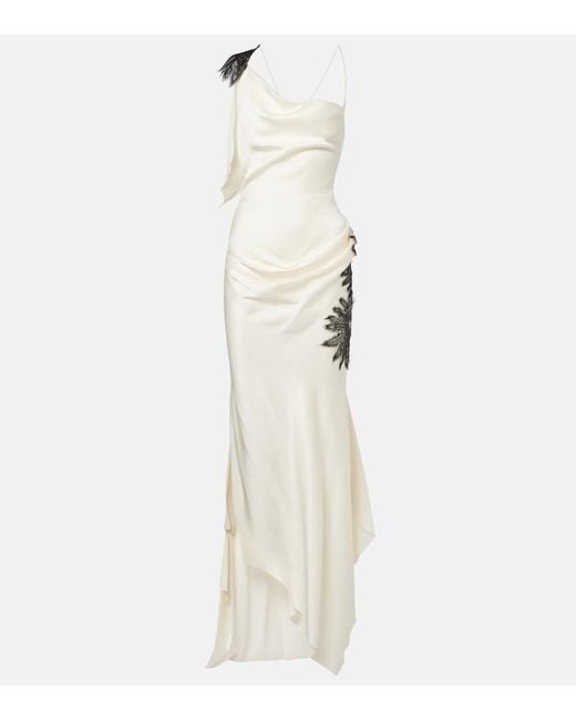 Victoria Beckham White Floral-Applique Draped Satin Crepe Gown