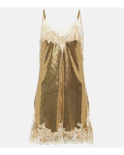 Rabanne Natural Lace-Trimmed Chainmail Slip Dress