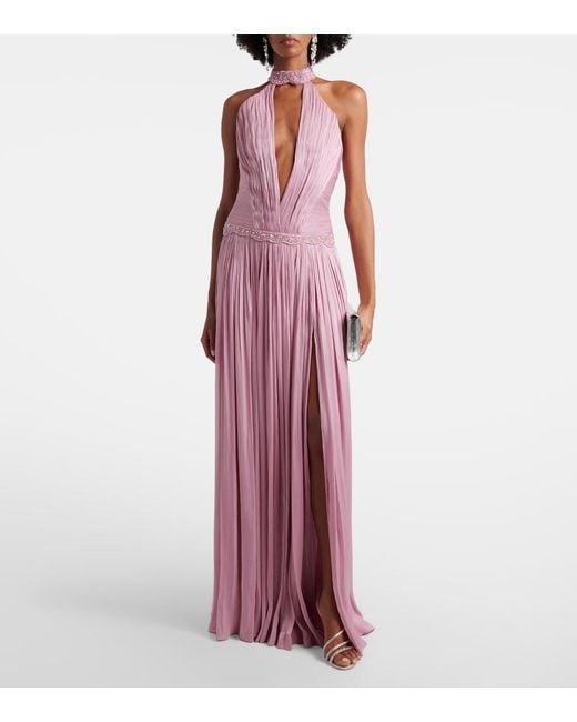 Costarellos Purple Juliette Halterneck Georgette Lame Gown