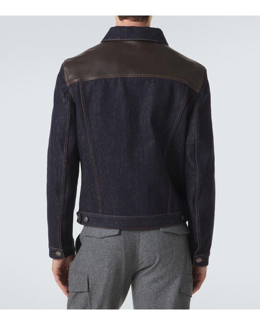 Brunello Cucinelli Blue Leather-Trimmed Denim Jacket for men
