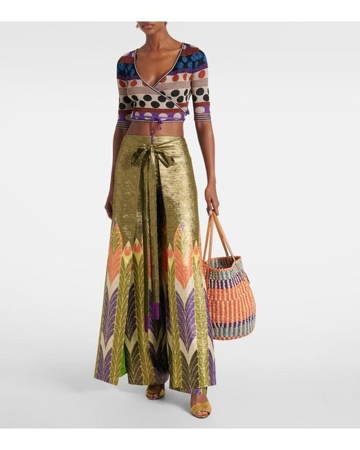 Valentino Green Printed Silk-Blend Wide-Leg Pants