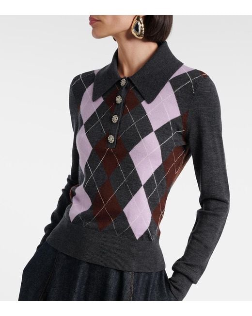 Self-Portrait Black Argyle Wool Polo Sweater