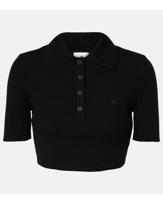 Courreges Black Ribbed-Knit Cropped Polo Shirt