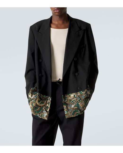 Dries Van Noten Black Embellished Double-Breasted Wool Blazer for men