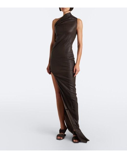 Rick Owens Brown Athena Asymmetric Draped Leather Gown