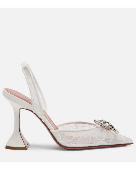 AMINA MUADDI White Rosie Embellished Lace Slingback Pumps