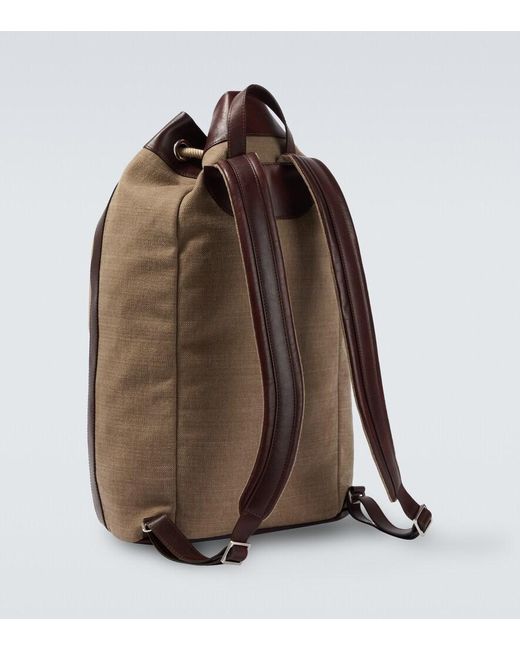 Brunello Cucinelli Brown Leather-Trimmed Canvas Backpack for men