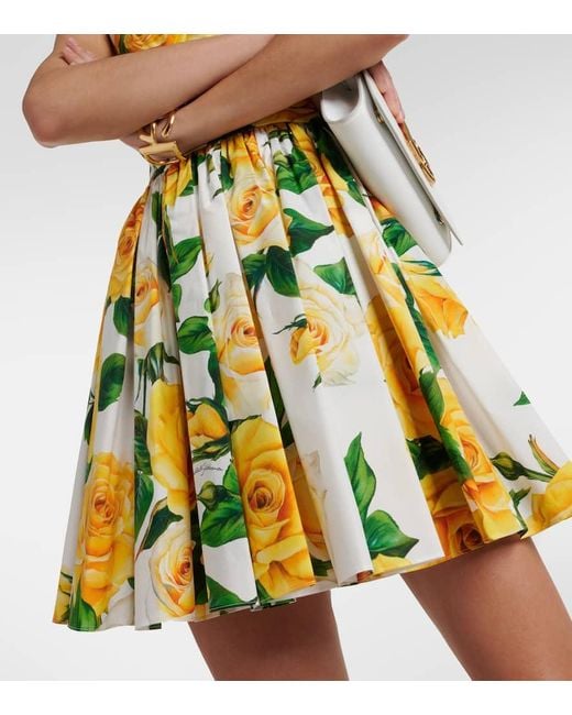 Dolce & Gabbana Yellow Kurzes Bustierkleid Aus Baumwolle Gelbe-Rosen-Print