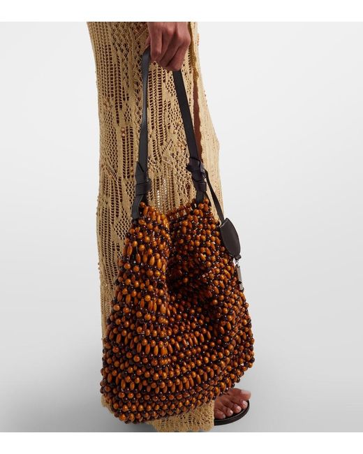 Staud Brown Drift Beaded Leather-Trimmed Tote Bag