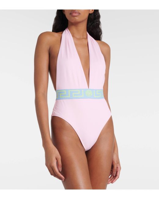 Versace Pink Greca Border Halterneck Swimsuit