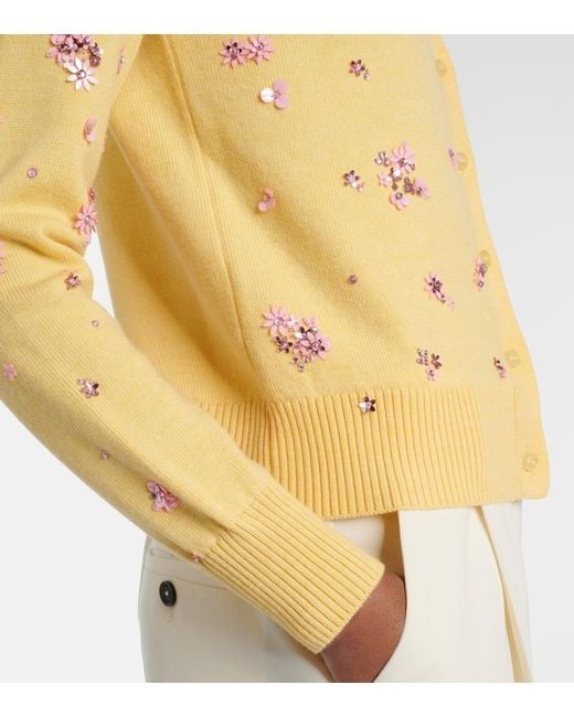 Oscar de la Renta Yellow Crystal Cluster Virgin Wool Cardigan