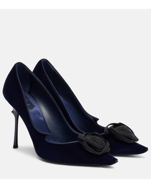 Roger Vivier Blue Rose Vivier 100 Floral-Applique Velvet Pumps