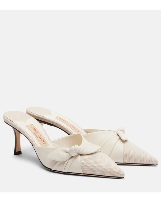 Jimmy Choo White Livi Bow-Detail Leather-Trimmed Canvas Mules