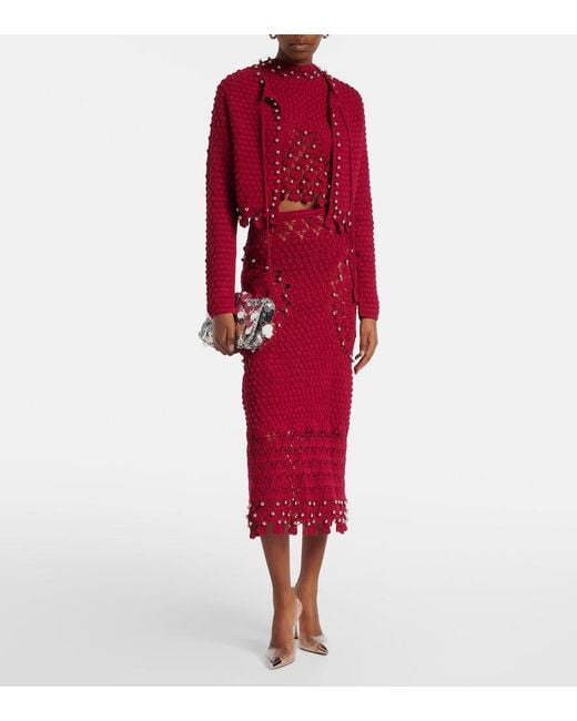Rabanne Red Embellished Crochet Cotton Midi Skirt