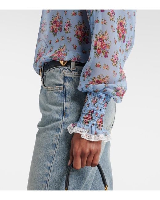 Dolce & Gabbana Blue Floral Ruffled Silk And Cotton Blouse