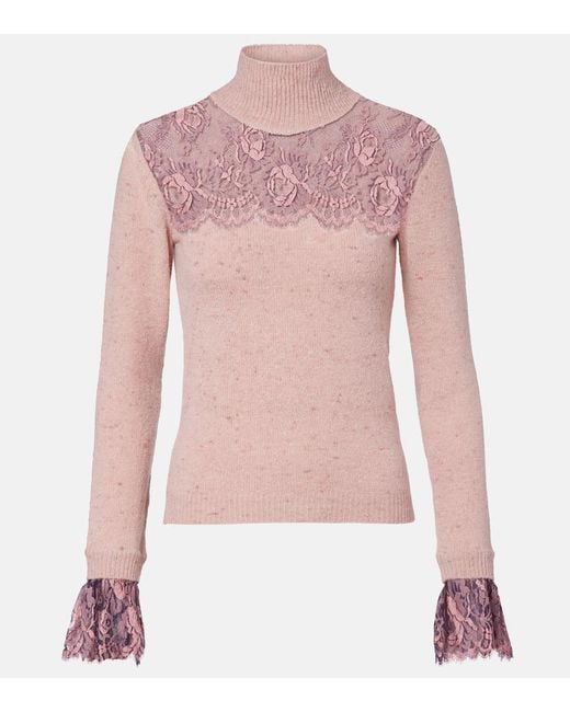 Valentino Pink Lace-Trimmed Wool-Blend Sweater