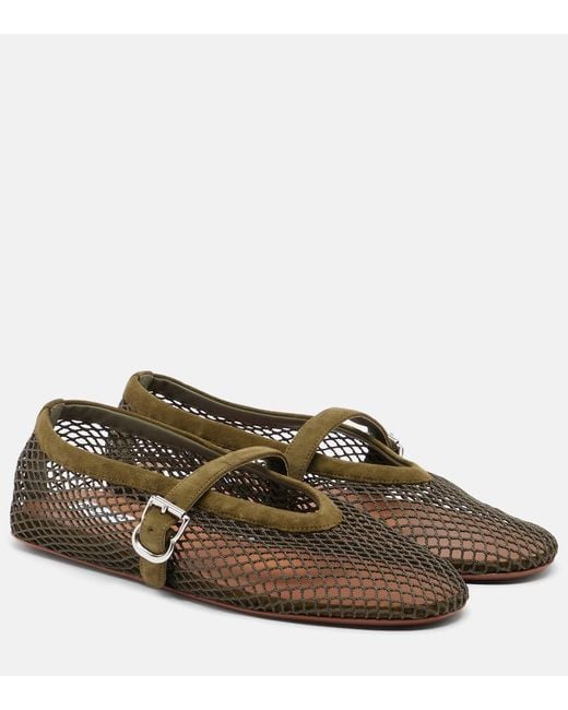 Alaïa Brown Fishnet Suede-Trimmed Mary Jane Flats