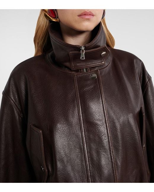 Nour Hammour Brown Briar Leather Bomber Jacket