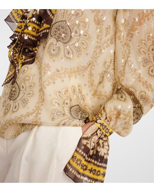 Etro Natural Ruffled Paisley Silk-Blend Blouse