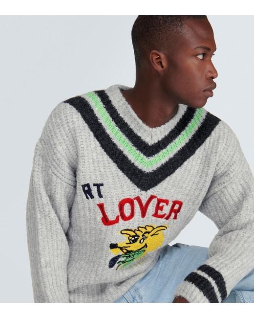 ERL Gray Embroidered Wool-Blend Sweater for men