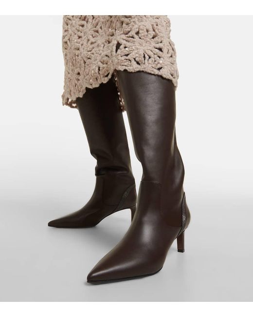 Brunello Cucinelli Brown Embellished Leather Knee-high Boots