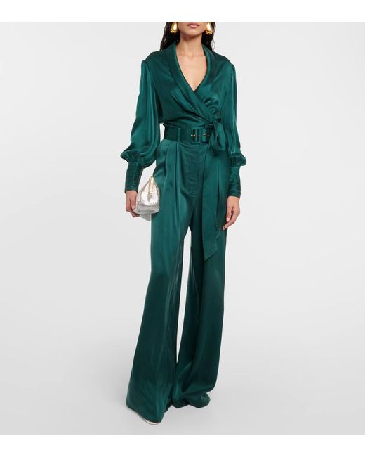 Pantalón ancho de seda verde jade Zimmermann de color Green